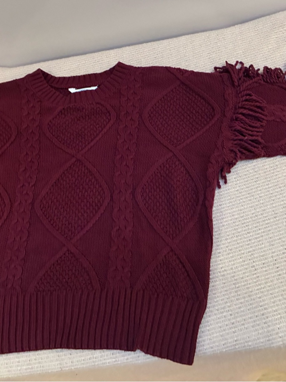 Women's Burgundy Cable Knit Crewneck Sweater with Fringe Sleeves